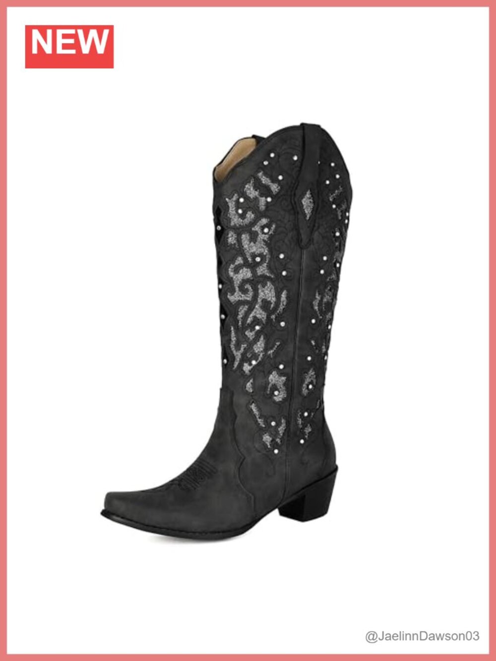 Cowgirl Knee High Boots Rhinestone Chunky Heel Suede Pointed Toe Western